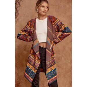 Savanna Jane Bella Tarwin Aztec Long Cardigan Women M Southwestern Open Front